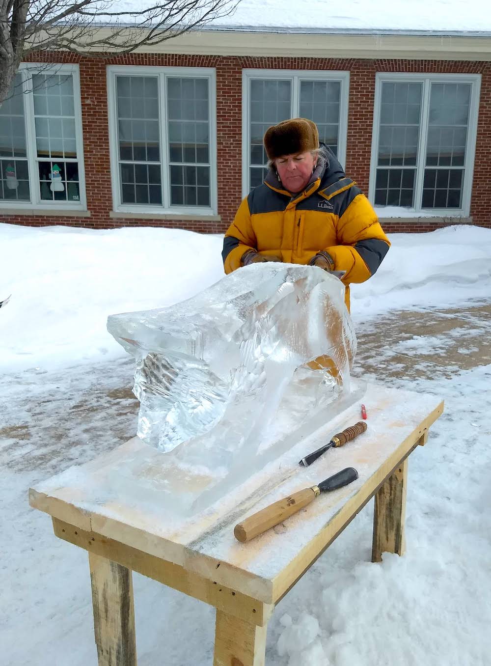 An early stage of the ice carving